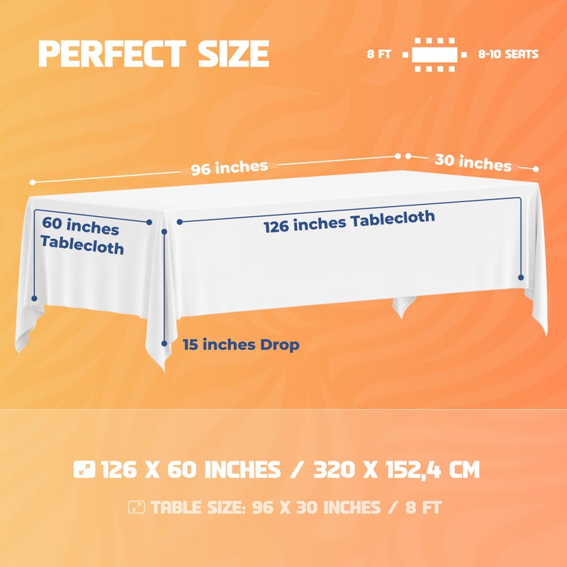 White Classic WEALUXE White Table Cloths for 8 Foot Rectangle Tables, 2-Pack, 60x126 inches, Water, Stain and Wrinkle Resistant, 200 GSM Washable Poly Fabric Tablecloths Rectangular, Elegant and Durable - Image 2